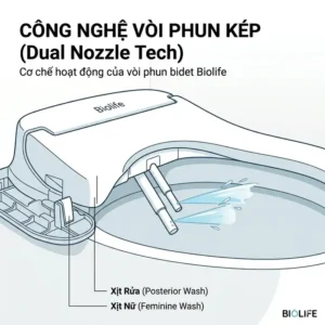 Illustration showing the wireless remote control interface for a Biolife bidet with icons for water temperature and spray pressure.