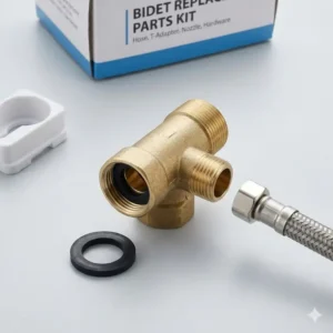 A detailed close-up of a solid brass T-valve adapter, an essential component among replacement toilet bidet parts for water connection.