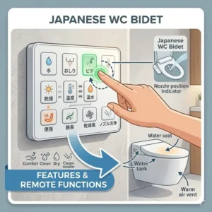 Detailed illustration showing the wireless remote control interface for a modern japanese wc bidet.