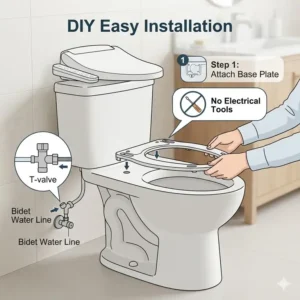 Easy DIY installation of a battery powered bidet seat without electrical outlets.
