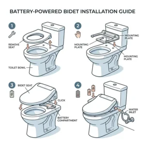 A step-by-step technical diagram showing how to install a battery bidet toilet seat on a standard toilet bowl.