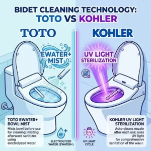 Detailed illustration of EWATER and UV light sanitization features in the kohler vs toto bidet cleaning systems.