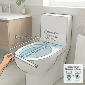 Illustration 1: An instructional diagram showing how to measure the bolt spread and length for a toilet seat for one piece toilet.