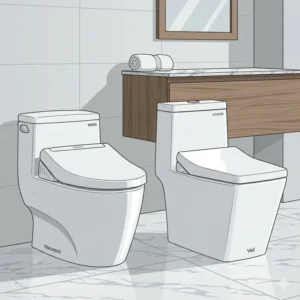 Close-up illustration of the self-cleaning nozzle technology in toto vs kohler bidet toilets.