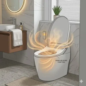 A detailed 3D illustration showing the warm air flow feature of a smart air dryer toilet.