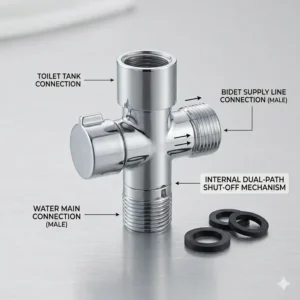 Metal bidet parts showing a T-valve adapter for water supply connection.