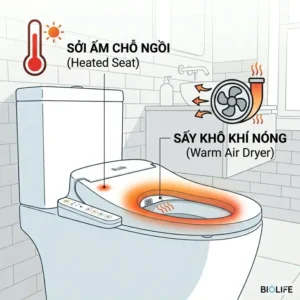 Detailed diagram of the Biolife bidet dual nozzle system providing posterior and feminine wash cycles.