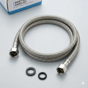 A durable braided stainless steel bidet hose with metal connectors, shown as key replacement toilet bidet parts for hand sprayers.