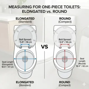 Illustration 2: Side-by-side comparison of elongated and round shapes of a toilet seat for one piece toilet.