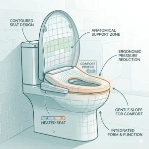 Ergonomic diagram showing the comfortable contoured surface of a bidet toilet seat warmer.