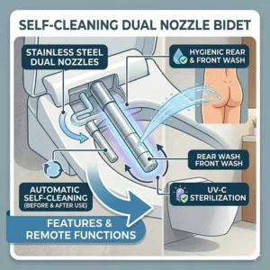 Graphic representation of the hygienic self-cleaning dual nozzle system inside a japanese wc bidet.
