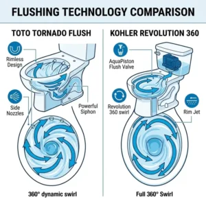 Diagram of Tornado Flush and Revolution 360 swirl technology found in the kohler vs toto bidet models.