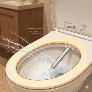 Illustration 2: Detailed view of the self-cleaning spray wand inside a toto toilet with heated seat and bidet.