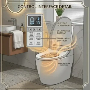 Close-up illustration of the digital remote control interface for an air dryer toilet system.