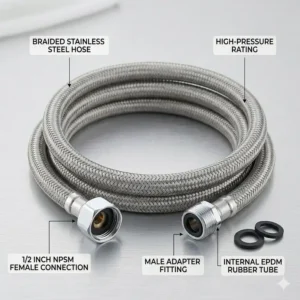 Flexible stainless steel bidet parts featuring a high-pressure supply hose.