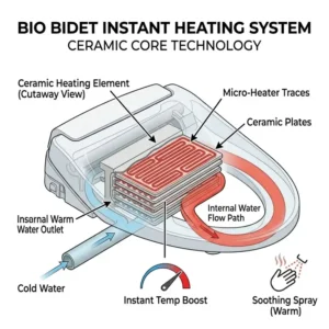 A cross-section diagram of bio bidets internal ceramic heating element providing instant warm water.