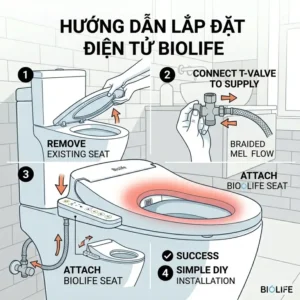 Visual representation of the adjustable heated seat and integrated warm air dryer features of the Biolife bidet.