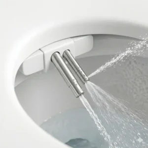 An illustration of the dual nozzle cleaning system of a battery bidet toilet seat in action.