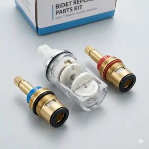 A pair of internal ceramic disc valve cartridges, one assembled and one disassembled, representing precise replacement toilet bidet parts for leak repair.