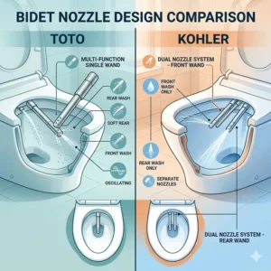 Close-up view comparing the single vs dual nozzle wand spray design of a kohler vs toto bidet.