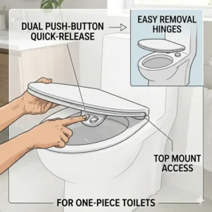 Illustration 3: Close-up of easy removal hinges on a toilet seat for one piece toilet designed for quick cleaning.