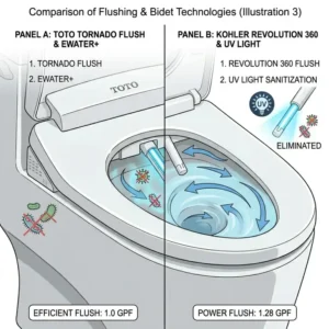 Side-by-side view of the intuitive remote control interfaces for toto vs kohler bidet toilets.
