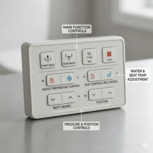Electronic bidet parts showing the control panel for temperature and pressure.