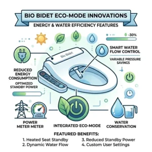 An informative infographic detailing the energy-saving eco-mode features integrated into luxury bio bidets.