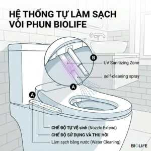 Step-by-step illustration showing a simple DIY installation of a Biolife bidet attachment to a standard toilet.