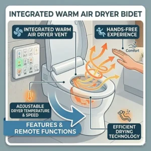 Illustration of the integrated warm air dryer functionality for a hands-free japanese wc bidet experience.