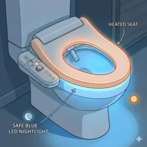 Visualizing the integrated blue LED night light on a bidet toilet seat warmer in a dark bathroom.