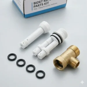 Two self-cleaning replacement bidet nozzles, demonstrating single and dual-tip options with a T-adapter and washers, highlighting essential replacement toilet bidet parts for hygiene maintenance.