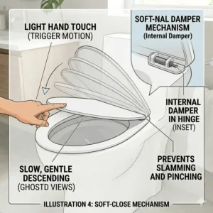 Illustration 4: Detailed view of the internal damper mechanism in a soft-close toilet seat for one piece toilet.