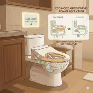 Illustration 4: Energy-saving diagram highlighting the eco-friendly performance of a toto toilet with heated seat and bidet.