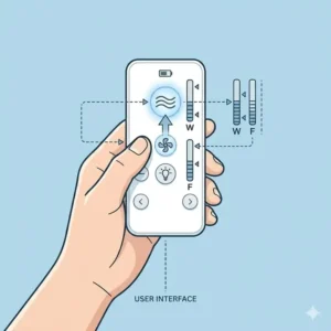 A hand holding the wireless remote control interface for a battery bidet toilet seat.