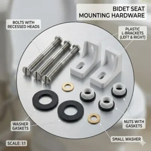 Essential bidet parts including mounting bolts and brackets for seat installation.