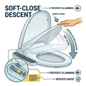 A conceptual illustration of the soft-close lid mechanism used in modern bio bidets to prevent slamming.