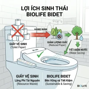 Illustration of the automated self-cleaning nozzle process that activates before and after every Biolife bidet use.