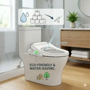 Diagram showing how using a battery powered bidet seat reduces toilet paper waste.