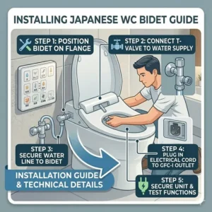 A step-by-step technical diagram showing the plumbing and electrical installation of a japanese wc bidet.