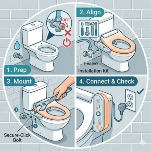 Step-by-step DIY installation process for a standard bidet toilet seat warmer.