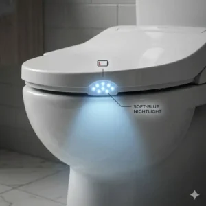 A battery bidet toilet seat with an integrated soft blue LED nightlight for night use.