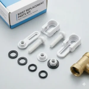A collection of replacement toilet bidet parts, including white plastic mounting bolts, nuts, black rubber washers, and brackets, laid out for an installation kit overview.
