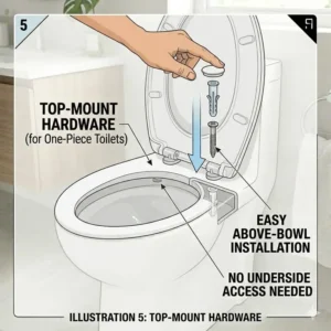 Illustration 5: Technical drawing showing top-mount hardware installation for a toilet seat for one piece toilet.