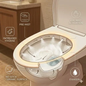 Illustration 5: Illustration of the hygienic pre-mist water spray technology in a toto toilet with heated seat and bidet.