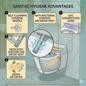 Technical illustration of the self-cleaning nozzle and hygienic vent on an air dryer toilet.
