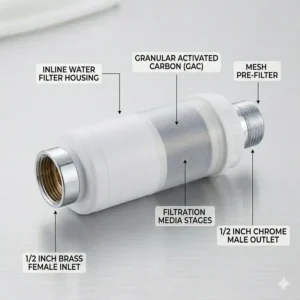 Replacement bidet parts showing an inline water filter to prevent mineral buildup.