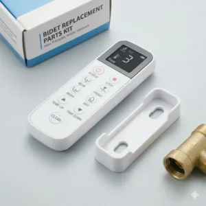 A modern white electric bidet remote control and its wall mount, featured as sophisticated replacement toilet bidet parts for automated bidet seats.
