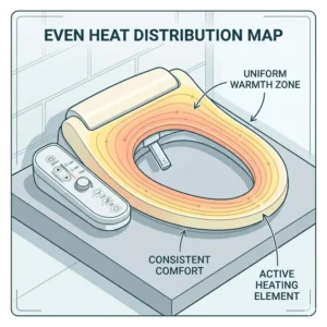 Thermal mapping showing the even heat distribution across the bidet toilet seat warmer surface.