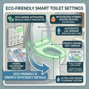 Illustration highlighting the energy-saving eco mode and water efficiency of a smart japanese wc bidet.